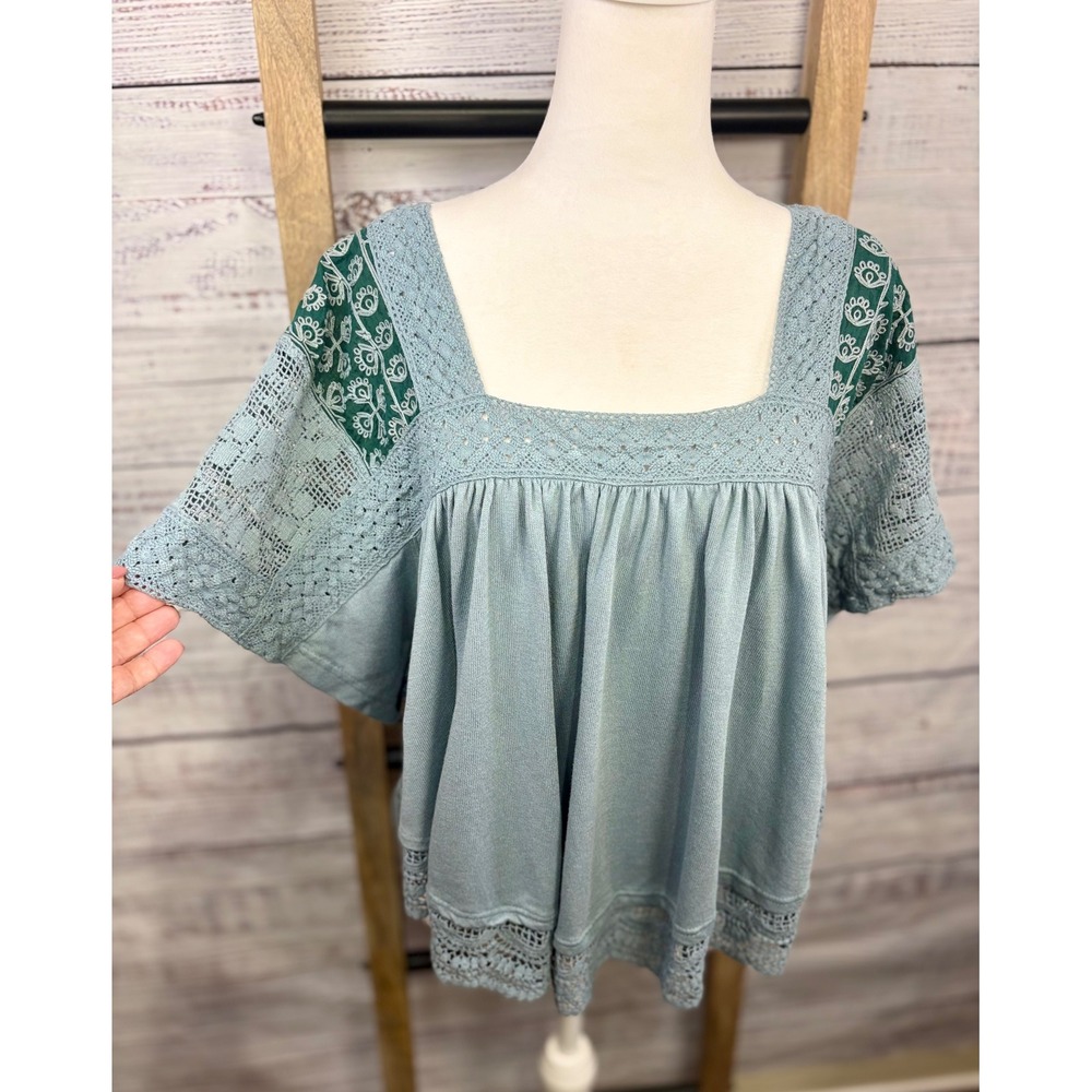 🪷 Free People Boho Crochet Lace Embroidered Prairie Days Top Blue/Green Medium 🪷 - Picture 11 of 13